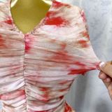 Women Summer Sexy Tie-Dye Printed V-Neck Streetchy Mesh Pleated Bodycon Dress