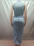 Women's Autumn Winter Fashion Single Breasted Sleeveless Halter Neck Stretch Long Dress