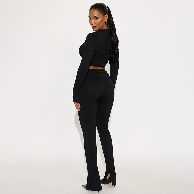 Women Autumn/Winter V-Neck Metal Butterfly Button Patchwork Hollow-Out Crop Top and Gathered Pant Two-Piece Set