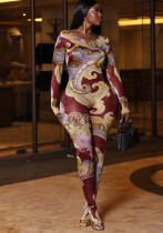 Women Printed Long-Sleeved Round Neck Jumpsuit