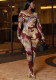 Women Printed Long-Sleeved Round Neck Jumpsuit
