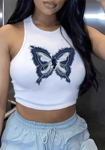 Women Butterfly Print Summer Round Neck Sexy Vest