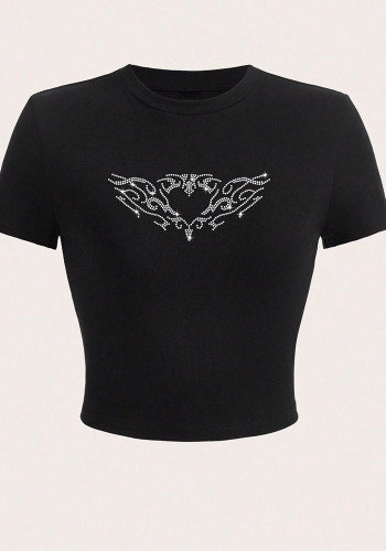 Women Beaded Angel Wings Print Short-Sleeved Top T-Shirt