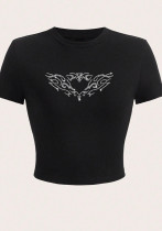 Women Beaded Angel Wings Print Short-Sleeved Top T-Shirt Women Beaded Angel Wings Print Short-Sleeved Top T-Shirt