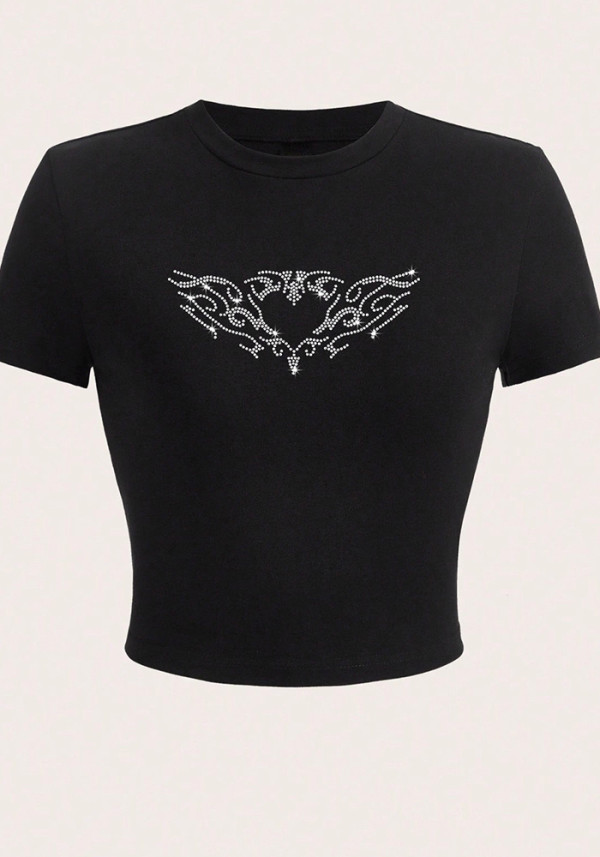 Women Beaded Angel Wings Print Short-Sleeved Top T-Shirt