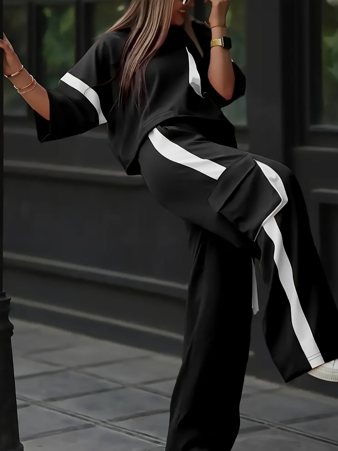 Women Casual Pocket Patchwork Top and Pant Two-Piece Set