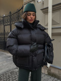 Women Black Winter Square Pocket Hooded Padding Coat
