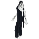 Women Sporty V-Neck Lace-Up Solid Jumpsuit