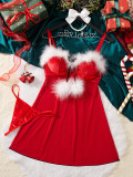 Christmas Women Velvet Mesh Patchwork Pom-Pom Sexy Camisole Nightgown Lingerie Two-Piece Set