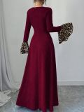 Women Autumn/Winter Leopard Print Color Block Bell Bottom Sleeve Dress