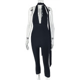 Women Sporty V-Neck Lace-Up Solid Jumpsuit