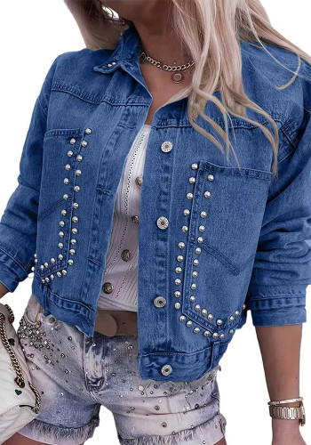 Plus Size Women Beaded Stretchy Denim Top Jacket