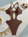 Women Sexy Hollow-Out Solid One-Piece Swimsuit