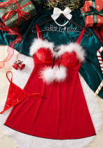 Christmas Women Velvet Mesh Patchwork Pom-Pom Sexy Camisole Nightgown Lingerie Two-Piece Set