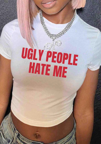 Women American Letter Print Sexy Short-Sleeve Crop T-Shirt