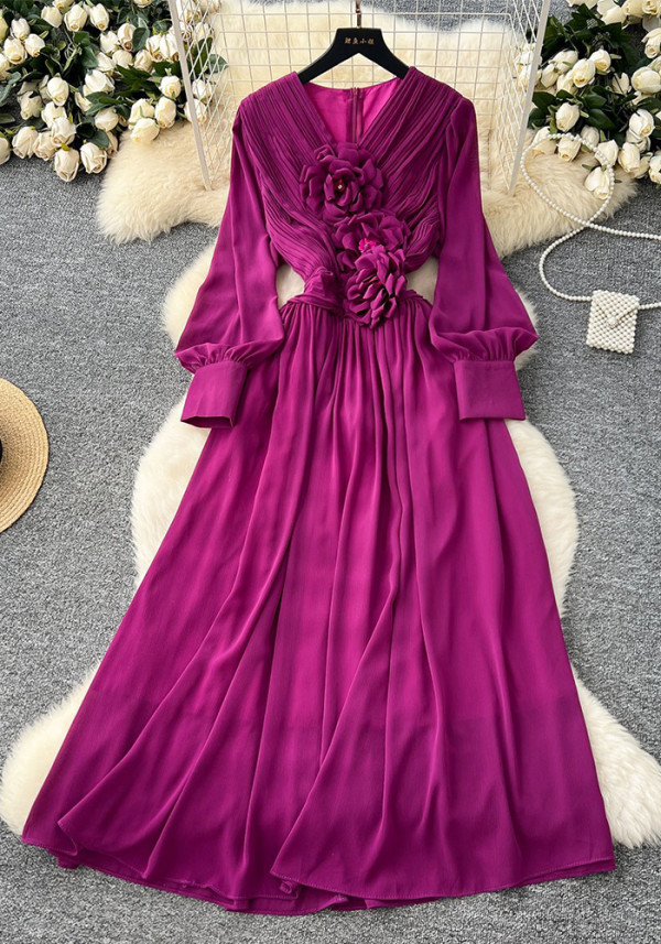 Women French Floral V-Neck Lantern Sleeve Maxi Dress