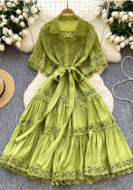 Women French Hollowed-Out Lace Patchwork Turndown Collar Short-Sleeve Tie-Up Elegant Dress Women French Hollowed-Out Lace Patchwork Turndown Collar Short-Sleeve Tie-Up Elegant Dress