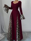 Women Autumn/Winter Leopard Print Color Block Bell Bottom Sleeve Dress