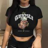 Women Summer Printed Round Neck Short-Sleeve Crop T-Shirt