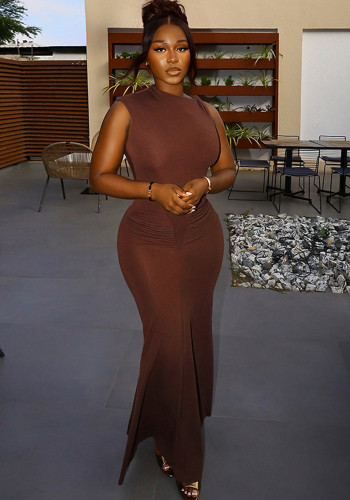 Women Sexy High-Neck Sleeveless Solid Bodycon Dress