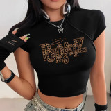 Women American Leopard Print Letter Print Sexy Short-Sleeve Crop T-Shirt