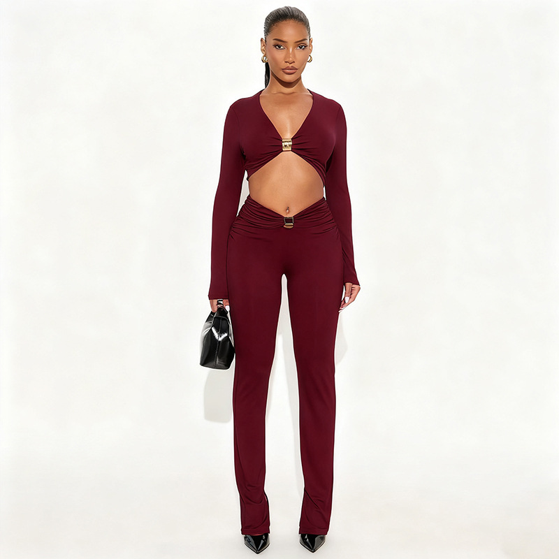 Women Autumn/Winter V-Neck Metal Butterfly Button Patchwork Hollow-Out Crop Top and Gathered Pant Two-Piece Set