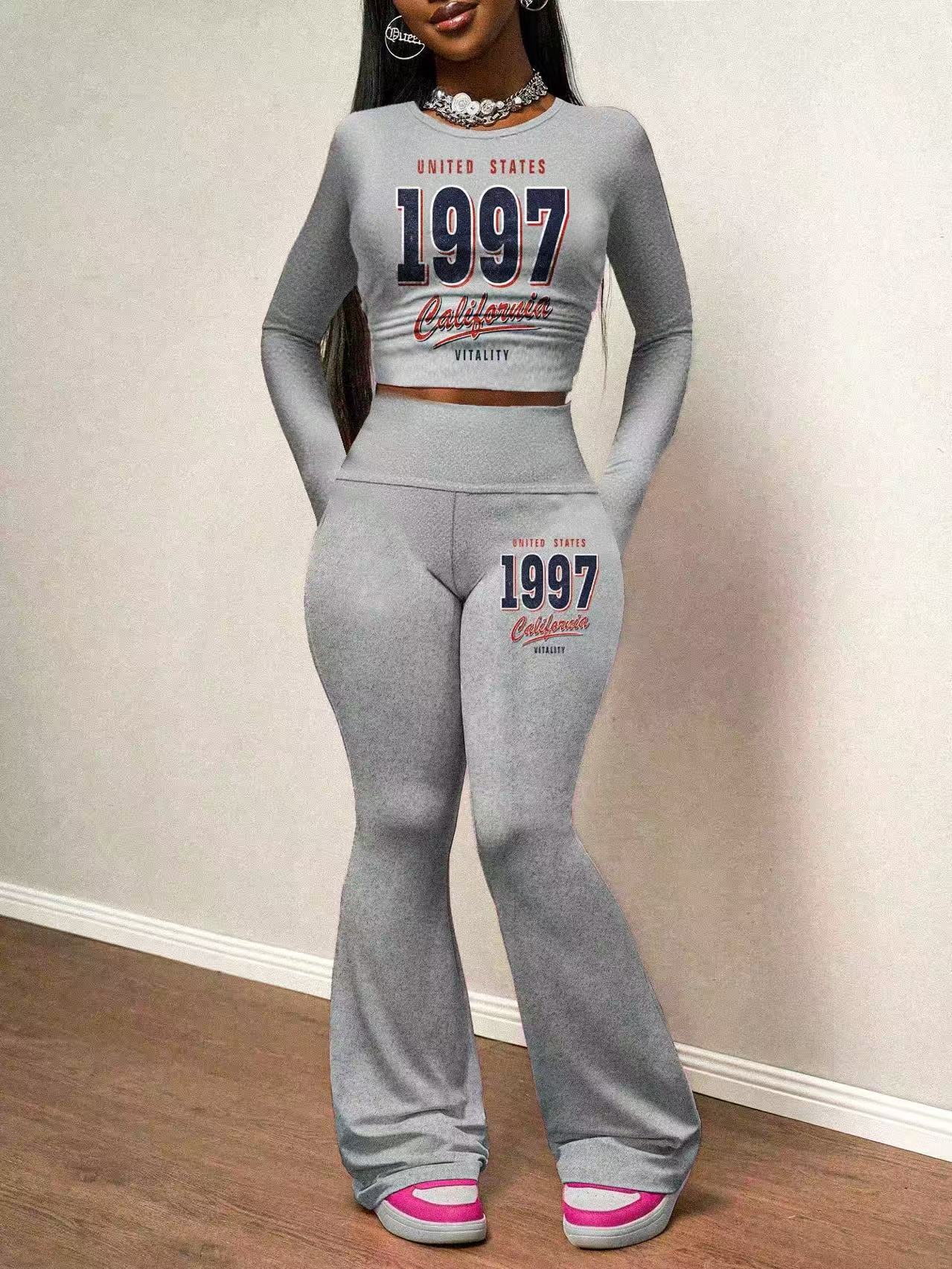 Women Round Neck Long-Sleeve Printed Top and Pant Two-Piece Set