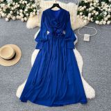 Women French Floral V-Neck Lantern Sleeve Maxi Dress