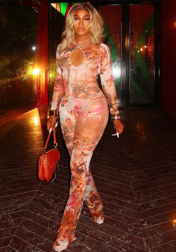 Women Autumn/Winter Round Neck Zipper Hollow-Out Mesh Print Bell Bottom Jumpsuit