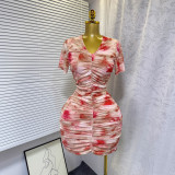 Women Summer Sexy Tie-Dye Printed V-Neck Streetchy Mesh Pleated Bodycon Dress