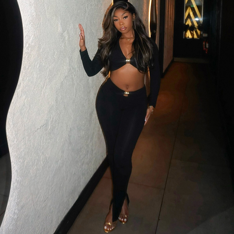 Women Autumn/Winter V-Neck Metal Butterfly Button Patchwork Hollow-Out Crop Top and Gathered Pant Two-Piece Set