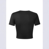 Women American Leopard Print Letter Print Sexy Short-Sleeve Crop T-Shirt