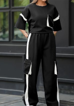 Women Casual Pocket Patchwork Top and Pant Two-Piece Set Women Casual Pocket Patchwork Top and Pant Two-Piece Set