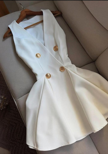 Women Summer V-Neck Sleeveless Button-Down Solid Dress