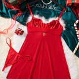 Christmas Women Velvet Mesh Patchwork Pom-Pom Sexy Camisole Nightgown Lingerie Two-Piece Set