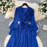 Women French Floral V-Neck Lantern Sleeve Maxi Dress