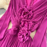 Women French Floral V-Neck Lantern Sleeve Maxi Dress