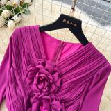 Women French Floral V-Neck Lantern Sleeve Maxi Dress