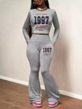 Women Round Neck Long-Sleeve Printed Top and Pant Two-Piece Set