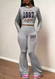 Women Round Neck Long-Sleeve Printed Top and Pant Two-Piece Set
