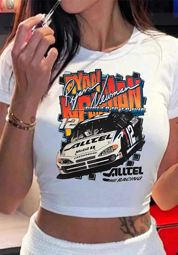 Women Summer American Cool Car Print Sexy Short-Sleeve Crop T-Shirt