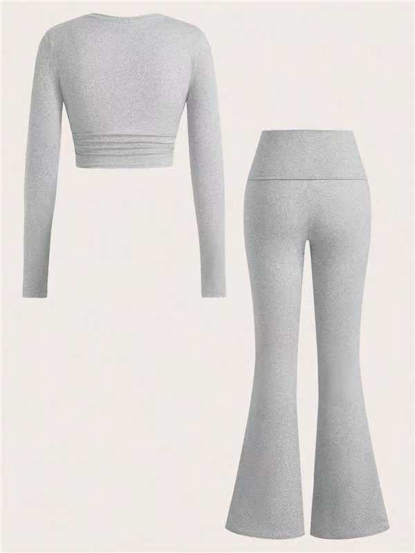 Women Round Neck Long-Sleeve Printed Top and Pant Two-Piece Set