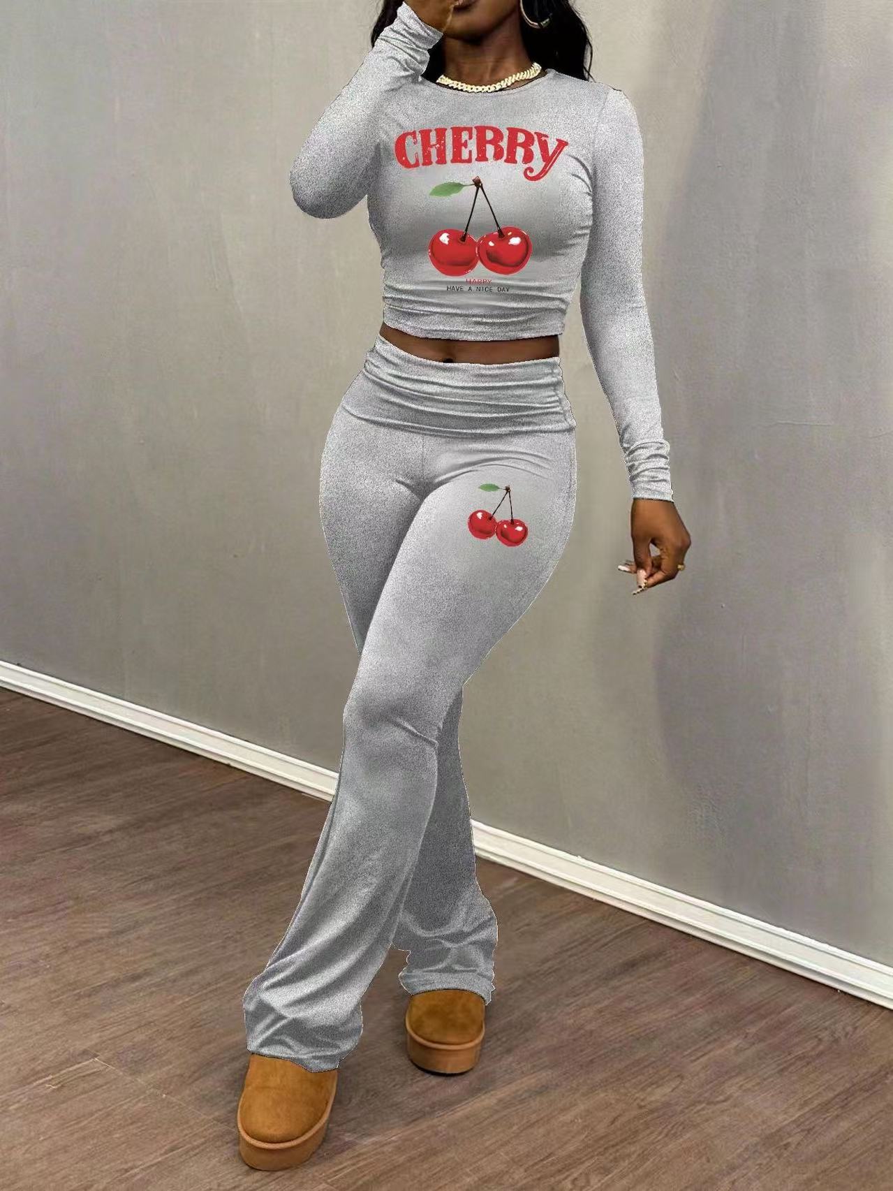 Women Cherry Print Long-Sleeve Top and Pants Two-Piece Set