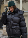 Women Black Winter Square Pocket Hooded Padding Coat