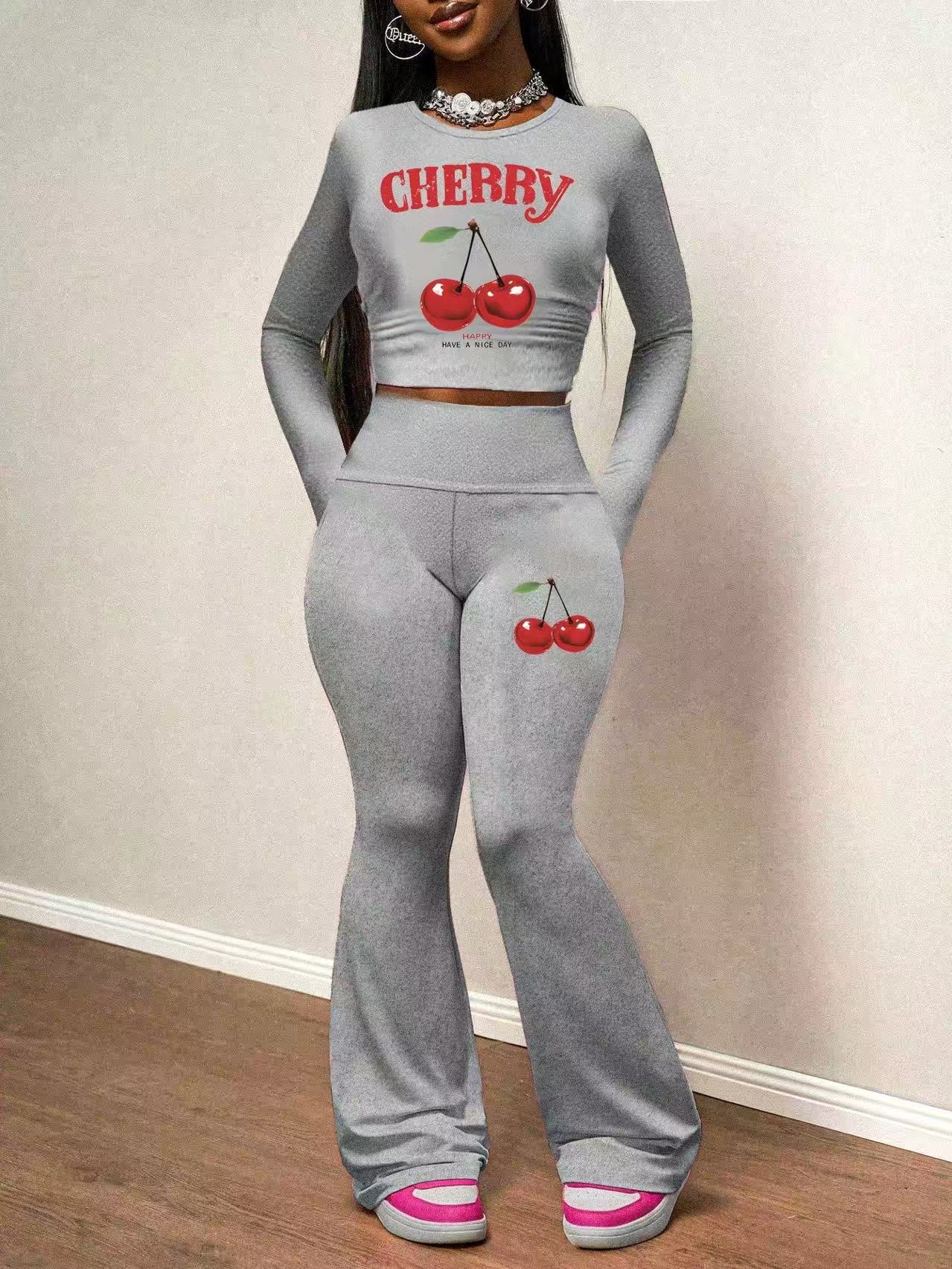 Women Cherry Print Long-Sleeve Top and Pants Two-Piece Set