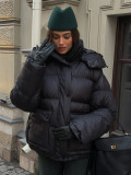 Women Black Winter Square Pocket Hooded Padding Coat
