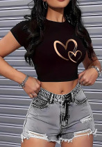 Women Summer American Letter Heart Print Sexy Short-Sleeve Crop Top Women Summer American Letter Heart Print Sexy Short-Sleeve Crop Top