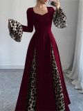 Women Autumn/Winter Leopard Print Color Block Bell Bottom Sleeve Dress