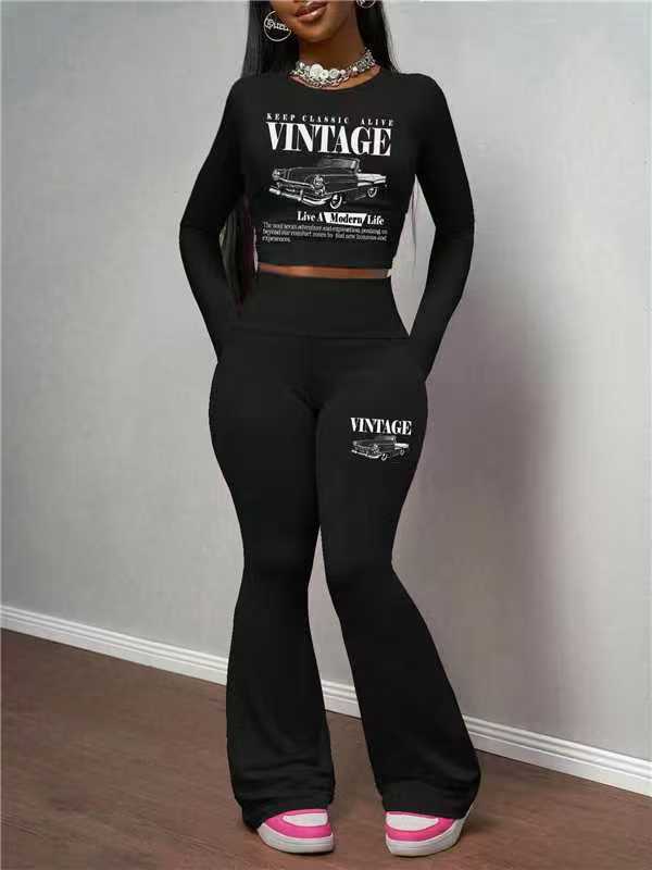 Women Letter Print Long-Sleeve Top and Pants Sporty Two-Piece Set