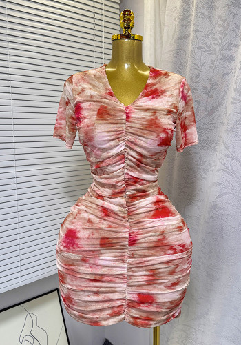 Women Summer Sexy Tie-Dye Printed V-Neck Streetchy Mesh Pleated Bodycon Dress